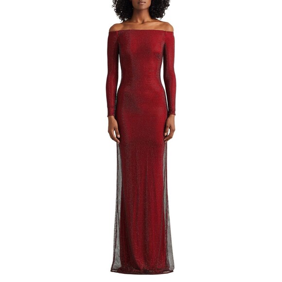 $7500 Ralph Lauren Minali Off-Shoulder Embellished Gown Maxi Dress Red Size 12